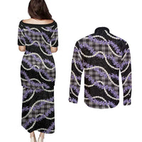 Black Hawaii Palaka Honohono Pikake Couples Matching Puletasi and Long Sleeve Button Shirt Hawaiian Orchid Lei Polynesian Pattern LT14 - Polynesian Pride