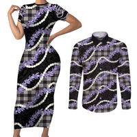 Black Hawaii Palaka Honohono Pikake Couples Matching Short Sleeve Bodycon Dress and Long Sleeve Button Shirt Hawaiian Orchid Lei Polynesian Pattern - Polynesian Pride