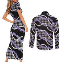 Black Hawaii Palaka Honohono Pikake Couples Matching Short Sleeve Bodycon Dress and Long Sleeve Button Shirt Hawaiian Orchid Lei Polynesian Pattern LT14 - Polynesian Pride