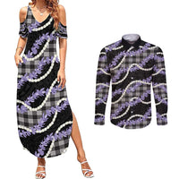 Black Hawaii Palaka Honohono Pikake Couples Matching Summer Maxi Dress and Long Sleeve Button Shirt Hawaiian Orchid Lei Polynesian Pattern - Polynesian Pride