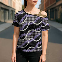 Black Hawaii Palaka Honohono Pikake Cross Shoulder Shirt Hawaiian Orchid Lei Polynesian Pattern - Polynesian Pride