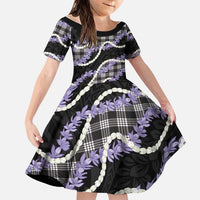 Black Hawaii Palaka Honohono Pikake Family Matching Off Shoulder Short Dress and Hawaiian Shirt Hawaiian Orchid Lei Polynesian Pattern LT14 Daughter's Dress Black - Polynesian Pride