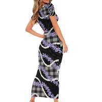 Black Hawaii Palaka Honohono Pikake Short Sleeve Bodycon Dress Hawaiian Orchid Lei Polynesian Pattern - Polynesian Pride