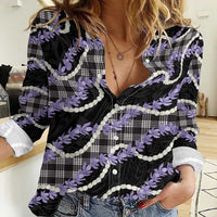 Black Hawaii Palaka Honohono Pikake Women Casual Shirt Hawaiian Orchid Lei Polynesian Pattern - Polynesian Pride