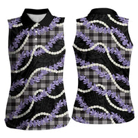 Black Hawaii Palaka Honohono Pikake Women Sleeveless Polo Shirt Hawaiian Orchid Lei Polynesian Pattern - Polynesian Pride