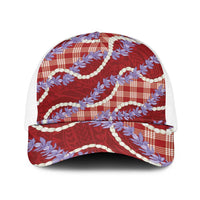 Red Hawaii Palaka Honohono Pikake Baseball Net Cap Hawaiian Orchid Lei Polynesian Pattern LT14 One Size White Red - Polynesian Pride