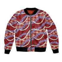 Red Hawaii Palaka Honohono Pikake Bomber Jacket Hawaiian Orchid Lei Polynesian Pattern - Polynesian Pride