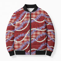 Red Hawaii Palaka Honohono Pikake Bomber Puffer Jacket Hawaiian Orchid Lei Polynesian Pattern - Polynesian Pride