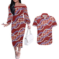 Red Hawaii Palaka Honohono Pikake Couples Matching Off The Shoulder Long Sleeve Dress and Hawaiian Shirt Hawaiian Orchid Lei Polynesian Pattern - Polynesian Pride