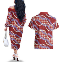 Red Hawaii Palaka Honohono Pikake Couples Matching Off The Shoulder Long Sleeve Dress and Hawaiian Shirt Hawaiian Orchid Lei Polynesian Pattern - Polynesian Pride