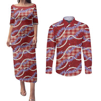 Red Hawaii Palaka Honohono Pikake Couples Matching Puletasi and Long Sleeve Button Shirt Hawaiian Orchid Lei Polynesian Pattern LT14 Red - Polynesian Pride