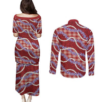 Red Hawaii Palaka Honohono Pikake Couples Matching Puletasi and Long Sleeve Button Shirt Hawaiian Orchid Lei Polynesian Pattern LT14 - Polynesian Pride