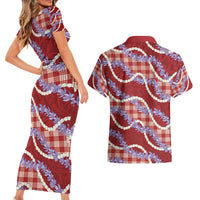 Red Hawaii Palaka Honohono Pikake Couples Matching Short Sleeve Bodycon Dress and Hawaiian Shirt Hawaiian Orchid Lei Polynesian Pattern - Polynesian Pride