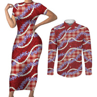 Red Hawaii Palaka Honohono Pikake Couples Matching Short Sleeve Bodycon Dress and Long Sleeve Button Shirt Hawaiian Orchid Lei Polynesian Pattern - Polynesian Pride