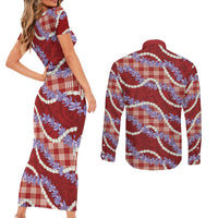 Red Hawaii Palaka Honohono Pikake Couples Matching Short Sleeve Bodycon Dress and Long Sleeve Button Shirt Hawaiian Orchid Lei Polynesian Pattern - Polynesian Pride