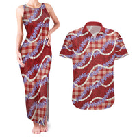 Red Hawaii Palaka Honohono Pikake Couples Matching Tank Maxi Dress and Hawaiian Shirt Hawaiian Orchid Lei Polynesian Pattern - Polynesian Pride
