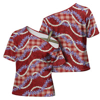Red Hawaii Palaka Honohono Pikake Cross Shoulder Shirt Hawaiian Orchid Lei Polynesian Pattern - Polynesian Pride