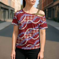 Red Hawaii Palaka Honohono Pikake Cross Shoulder Shirt Hawaiian Orchid Lei Polynesian Pattern LT14 - Polynesian Pride