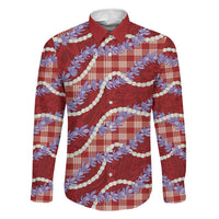 Red Hawaii Palaka Honohono Pikake Family Matching Off The Shoulder Long Sleeve Dress and Hawaiian Shirt Hawaiian Orchid Lei Polynesian Pattern - Polynesian Pride