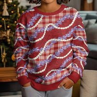 Red Hawaii Palaka Honohono Pikake Kid Ugly Christmas Sweater Hawaiian Orchid Lei Polynesian Pattern - Polynesian Pride