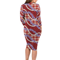 Red Hawaii Palaka Honohono Pikake Long Sleeve Bodycon Dress Hawaiian Orchid Lei Polynesian Pattern - Polynesian Pride