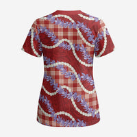 Red Hawaii Palaka Honohono Pikake Scrub Top Hawaiian Orchid Lei Polynesian Pattern - Polynesian Pride