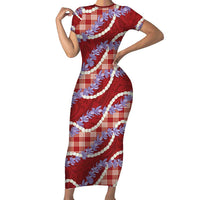 Red Hawaii Palaka Honohono Pikake Short Sleeve Bodycon Dress Hawaiian Orchid Lei Polynesian Pattern LT14 Long Dress Red - Polynesian Pride