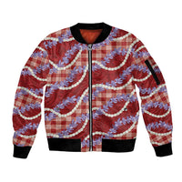 Red Hawaii Palaka Honohono Pikake Sleeve Zip Bomber Jacket Hawaiian Orchid Lei Polynesian Pattern - Polynesian Pride