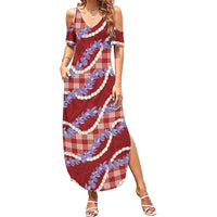 Red Hawaii Palaka Honohono Pikake Summer Maxi Dress Hawaiian Orchid Lei Polynesian Pattern LT14 Women Red - Polynesian Pride