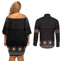 Bula Fiji Dashiki Vintage Fijian Masi Tapa Pattern Couples Matching Off Shoulder Short Dress and Long Sleeve Button Shirt LT14 - Polynesian Pride