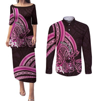 Pink Polynesia Easter Day Couples Matching Puletasi and Long Sleeve Button Shirt Eggs With Bunny Polynesian Pattern