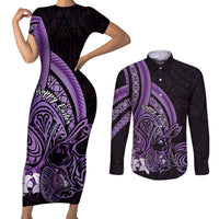Purple Polynesia Easter Day Couples Matching Short Sleeve Bodycon Dress and Long Sleeve Button Shirt Eggs With Bunny Polynesian Pattern