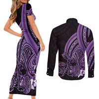 Purple Polynesia Easter Day Couples Matching Short Sleeve Bodycon Dress and Long Sleeve Button Shirt Eggs With Bunny Polynesian Pattern