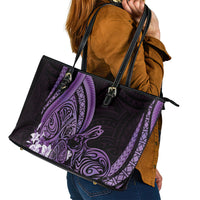 Purple Polynesia Easter Day Leather Tote Bag Eggs With Bunny Polynesian Pattern