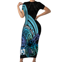 Turquoise Polynesia Easter Day Short Sleeve Bodycon Dress Eggs With Bunny Polynesian Pattern