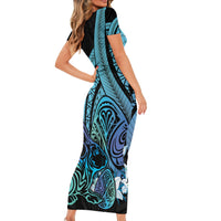 Turquoise Polynesia Easter Day Short Sleeve Bodycon Dress Eggs With Bunny Polynesian Pattern