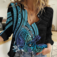 Turquoise Polynesia Easter Day Women Casual Shirt Eggs With Bunny Polynesian Pattern