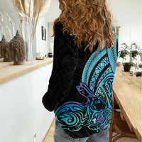 Turquoise Polynesia Easter Day Women Casual Shirt Eggs With Bunny Polynesian Pattern