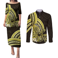 Yellow Polynesia Easter Day Couples Matching Puletasi and Long Sleeve Button Shirt Eggs With Bunny Polynesian Pattern