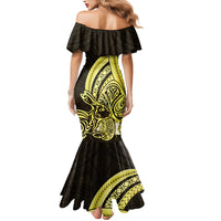 Yellow Polynesia Easter Day Family Matching Mermaid Dress and Hawaiian Shirt Eggs With Bunny Polynesian Pattern