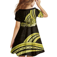 Yellow Polynesia Easter Day Kid Short Sleeve Dress Eggs With Bunny Polynesian Pattern