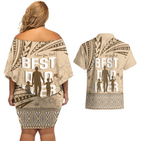 Tonga Father's Day Couples Matching Off Shoulder Short Dress and Hawaiian Shirt Best Dad Ever Tongan Ngatu Pattern - Beige LT14 - Polynesian Pride