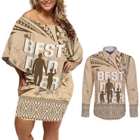 Tonga Father's Day Couples Matching Off Shoulder Short Dress and Long Sleeve Button Shirt Best Dad Ever Tongan Ngatu Pattern - Beige LT14 Beige - Polynesian Pride