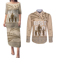 Tonga Father's Day Couples Matching Puletasi and Long Sleeve Button Shirt Best Dad Ever Tongan Ngatu Pattern - Beige LT14 Beige - Polynesian Pride