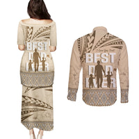Tonga Father's Day Couples Matching Puletasi and Long Sleeve Button Shirt Best Dad Ever Tongan Ngatu Pattern - Beige LT14 - Polynesian Pride