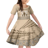 Tonga Father's Day Family Matching Long Sleeve Bodycon Dress and Hawaiian Shirt Best Dad Ever Tongan Ngatu Pattern - Beige LT14 Daughter's Dress Beige - Polynesian Pride