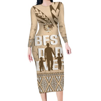 Tonga Father's Day Family Matching Long Sleeve Bodycon Dress and Hawaiian Shirt Best Dad Ever Tongan Ngatu Pattern - Beige LT14 Mom's Dress Beige - Polynesian Pride