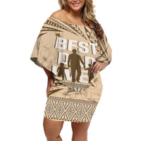 Tonga Father's Day Off Shoulder Short Dress Best Dad Ever Tongan Ngatu Pattern - Beige LT14 Women Beige - Polynesian Pride