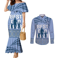 Tonga Father's Day Couples Matching Mermaid Dress and Long Sleeve Button Shirt Best Dad Ever Tongan Ngatu Pattern - Blue LT14 Blue - Polynesian Pride
