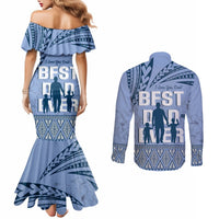 Tonga Father's Day Couples Matching Mermaid Dress and Long Sleeve Button Shirt Best Dad Ever Tongan Ngatu Pattern - Blue LT14 - Polynesian Pride